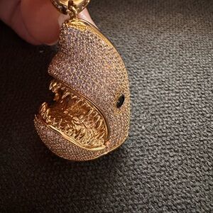 Gold Shark Pendant with Crystals
